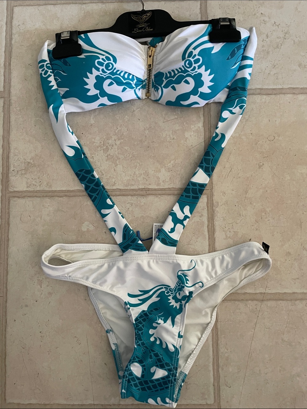 Lisa Blue Water Dragon Swimsuit Bikini NWT (sample) white & teal, one piece